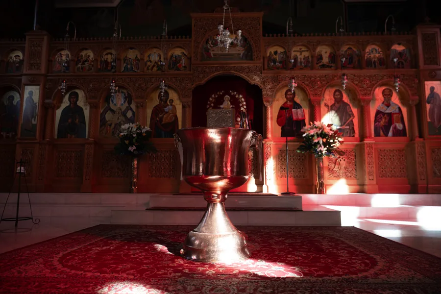 Baptismal font and Orthodox church ceremony setting photographed in Melbourne